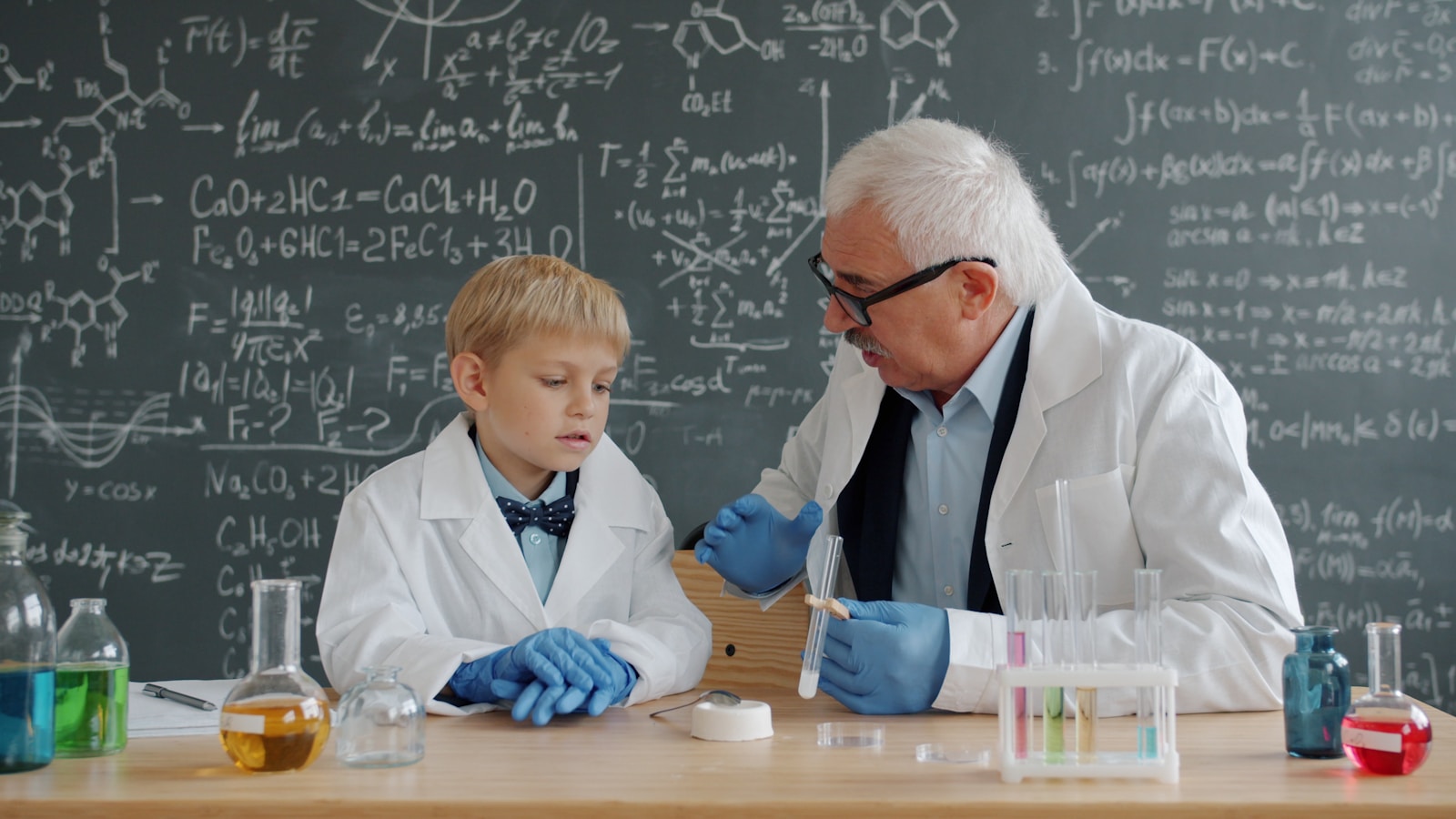 Professor teaching a young student science in a lab.