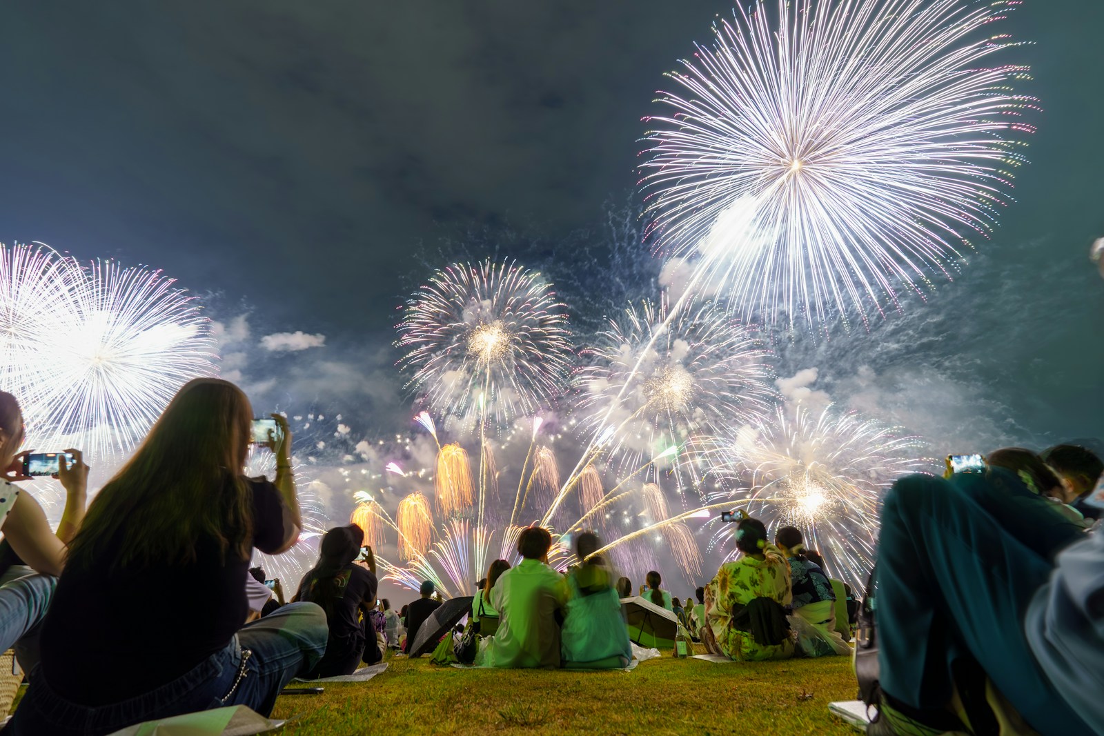 Crowd watches bright fireworks illuminate the night sky